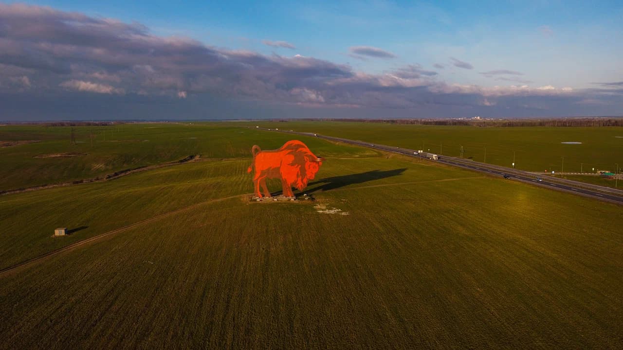 Sculpture of a bison on the M1 highway.