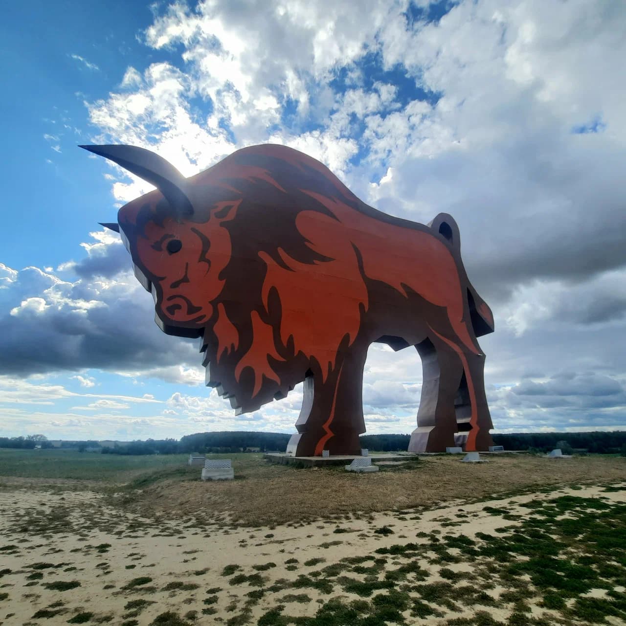 Sculpture of a bison on the M1 highway.